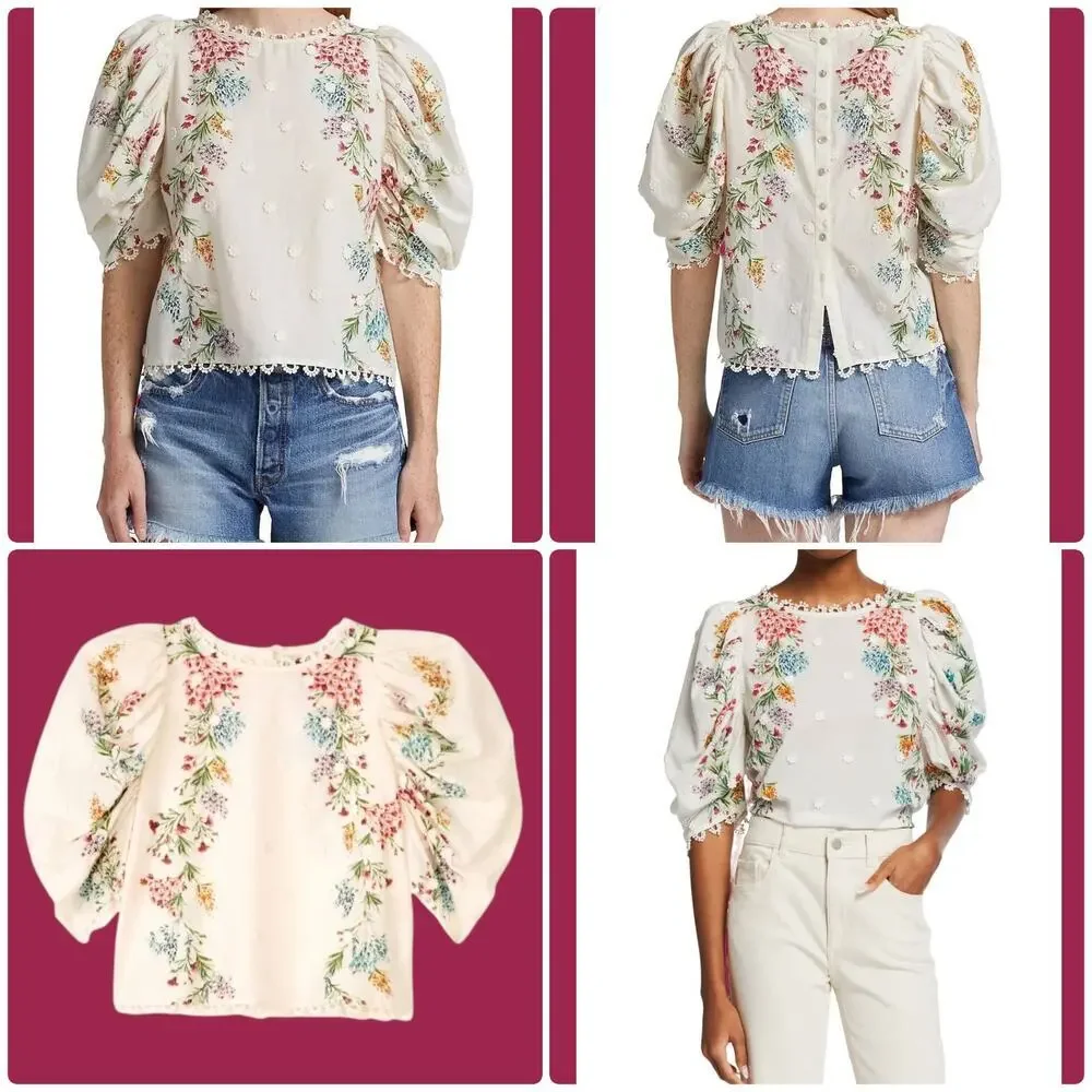 FARM‎ RIO Women’s Louise Floral Print Puff Sleeve Button Up Top In Multi Color